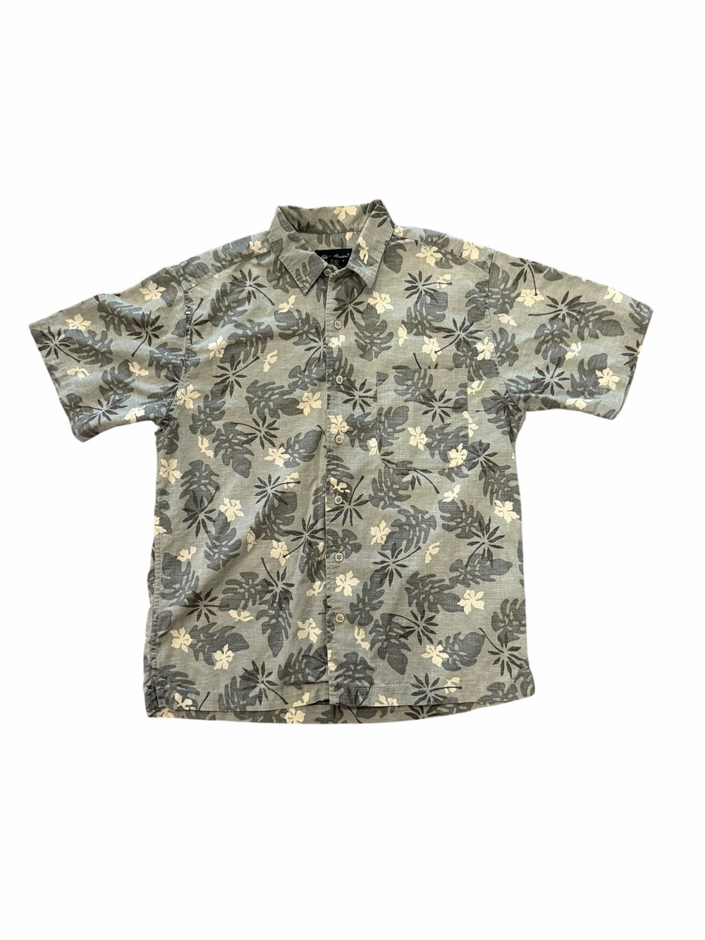 Eddie Bauer Button Shirt Hawaiian Mens S Green & Beige Front Pocket Short Sleeve